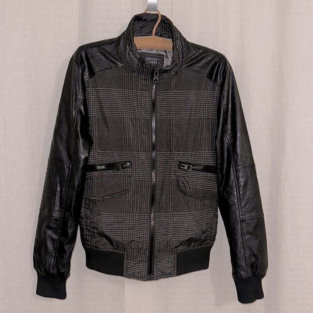 Guess S Moto Bomber Jacket Plaid Nylon Leather Combo Full Zip Multiple Pockets